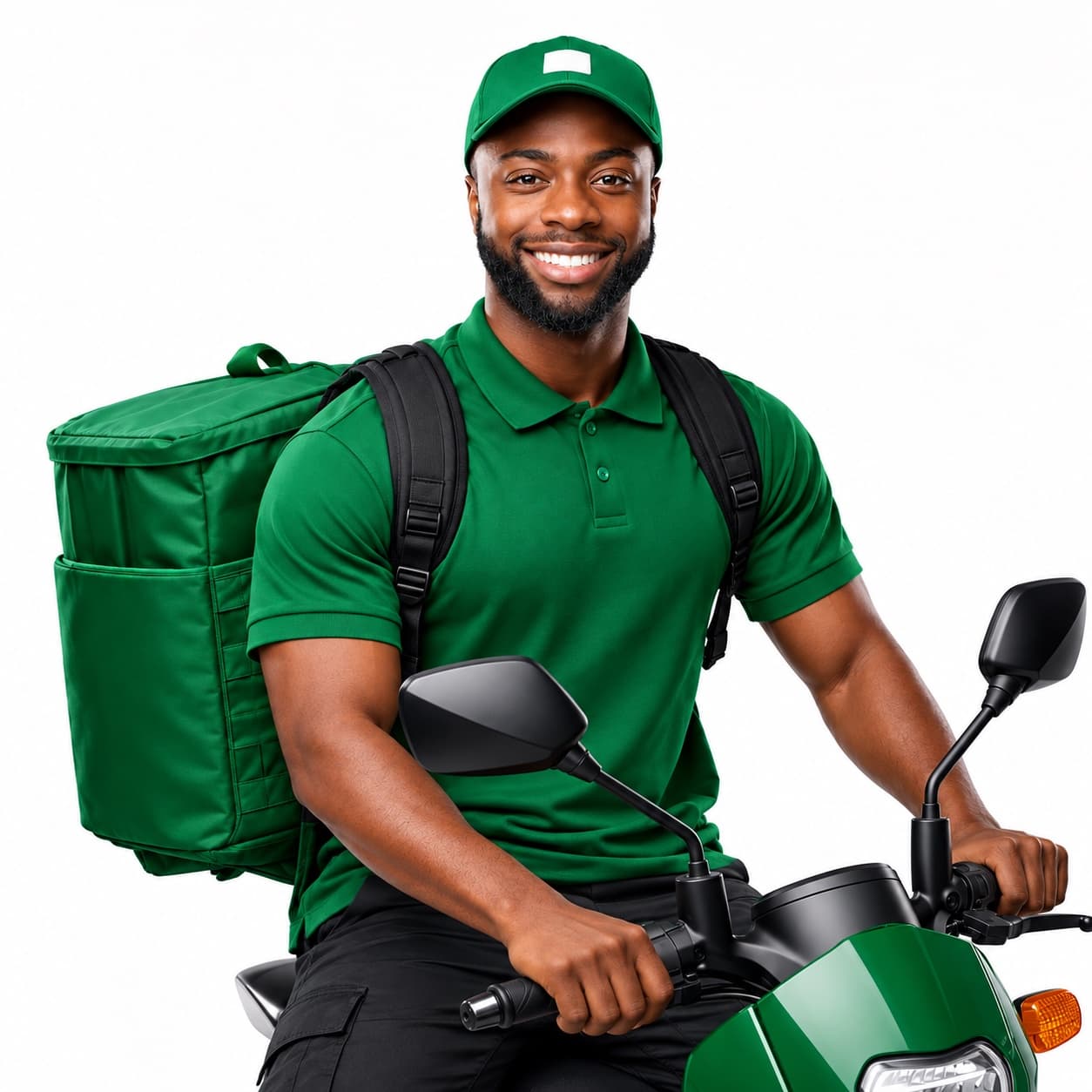 A smiling rider on his motorbike with an insulated bag on his back