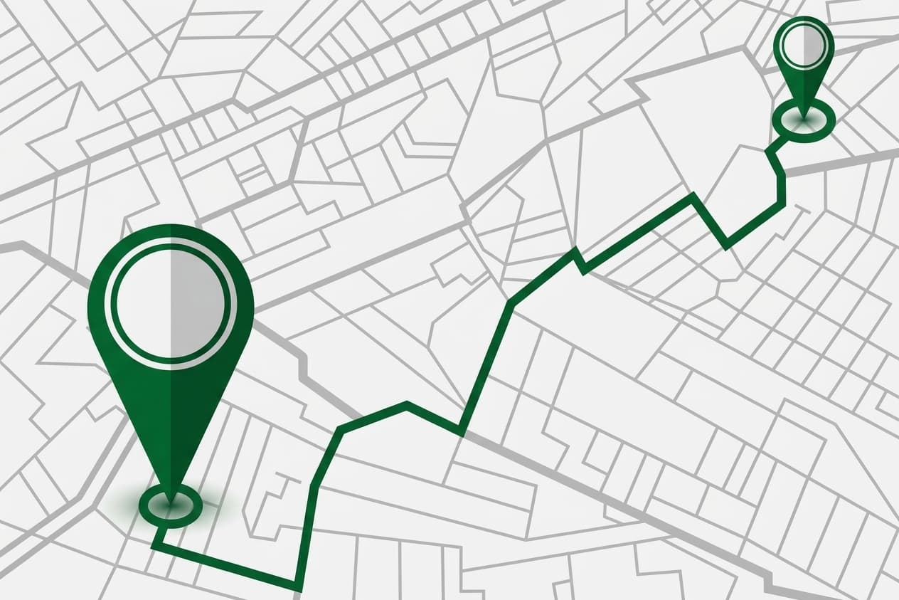 A city map with a route drawn between two pins