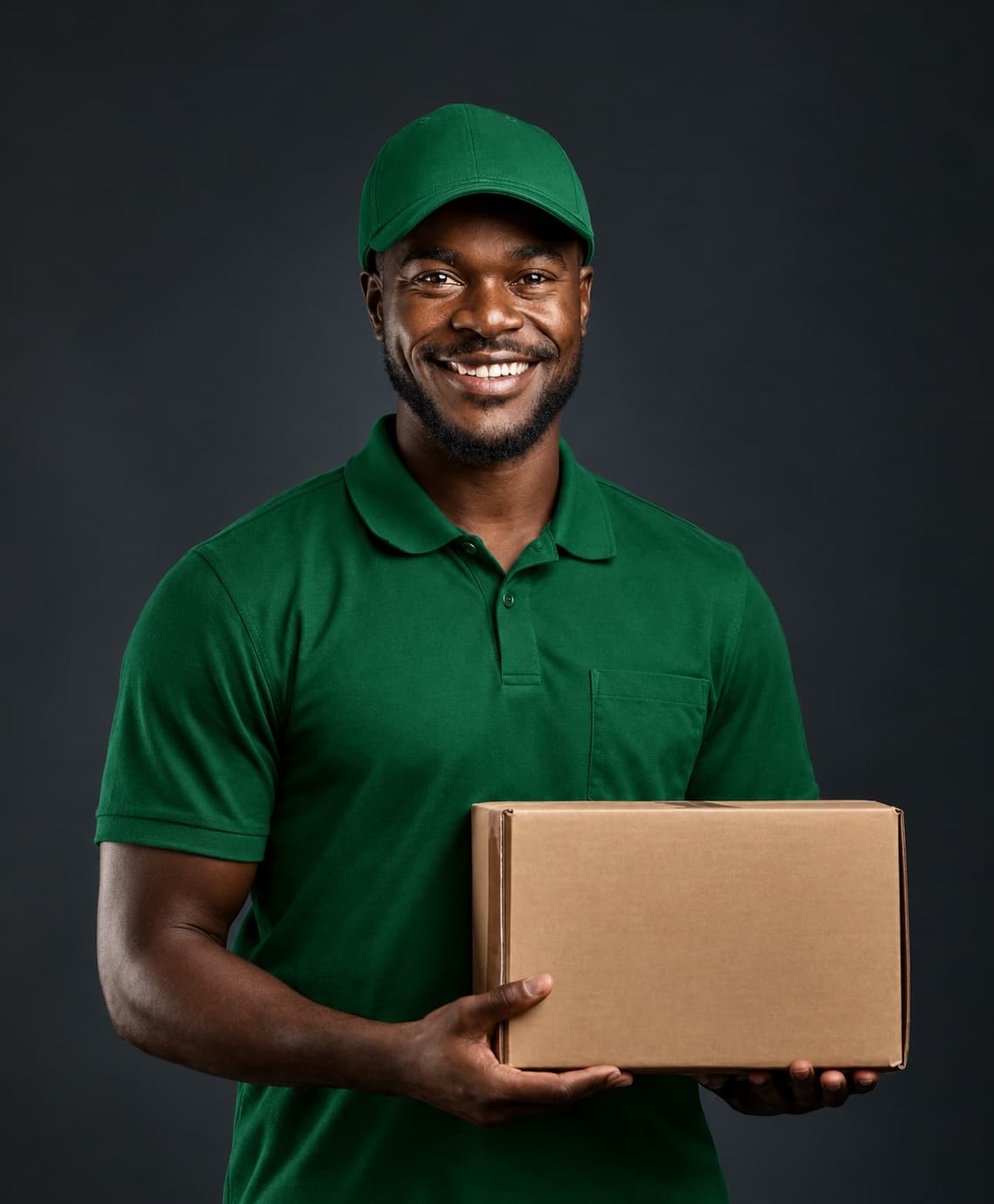 A smiling rider holds a cardboard parcel