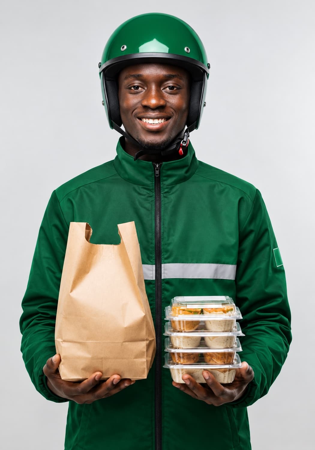 Un livreur tient des plats préparés par un restaurant